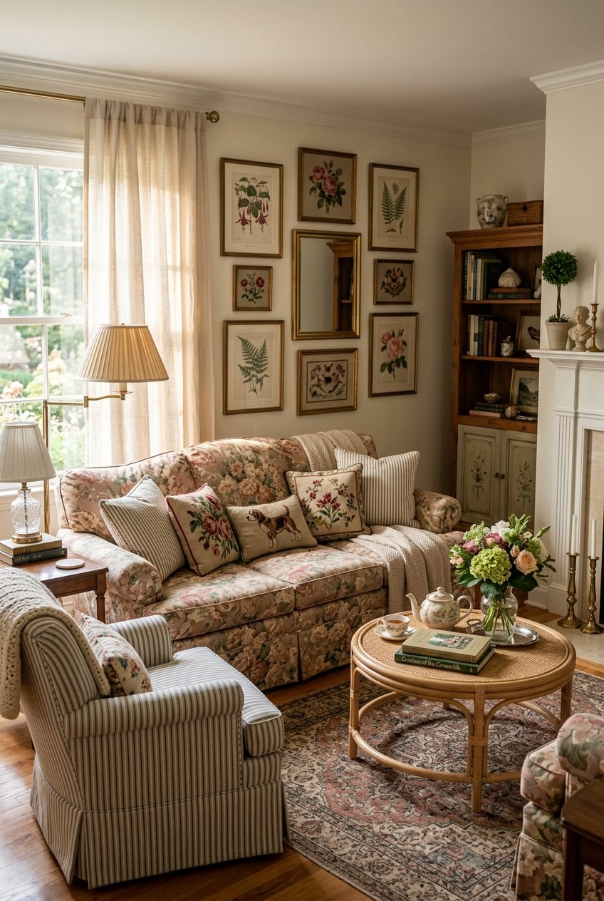 posttitle | sitetitle Cozy living room with a floral patterned sofa striped armchair botanical art on the wall and a round wicker coffee table