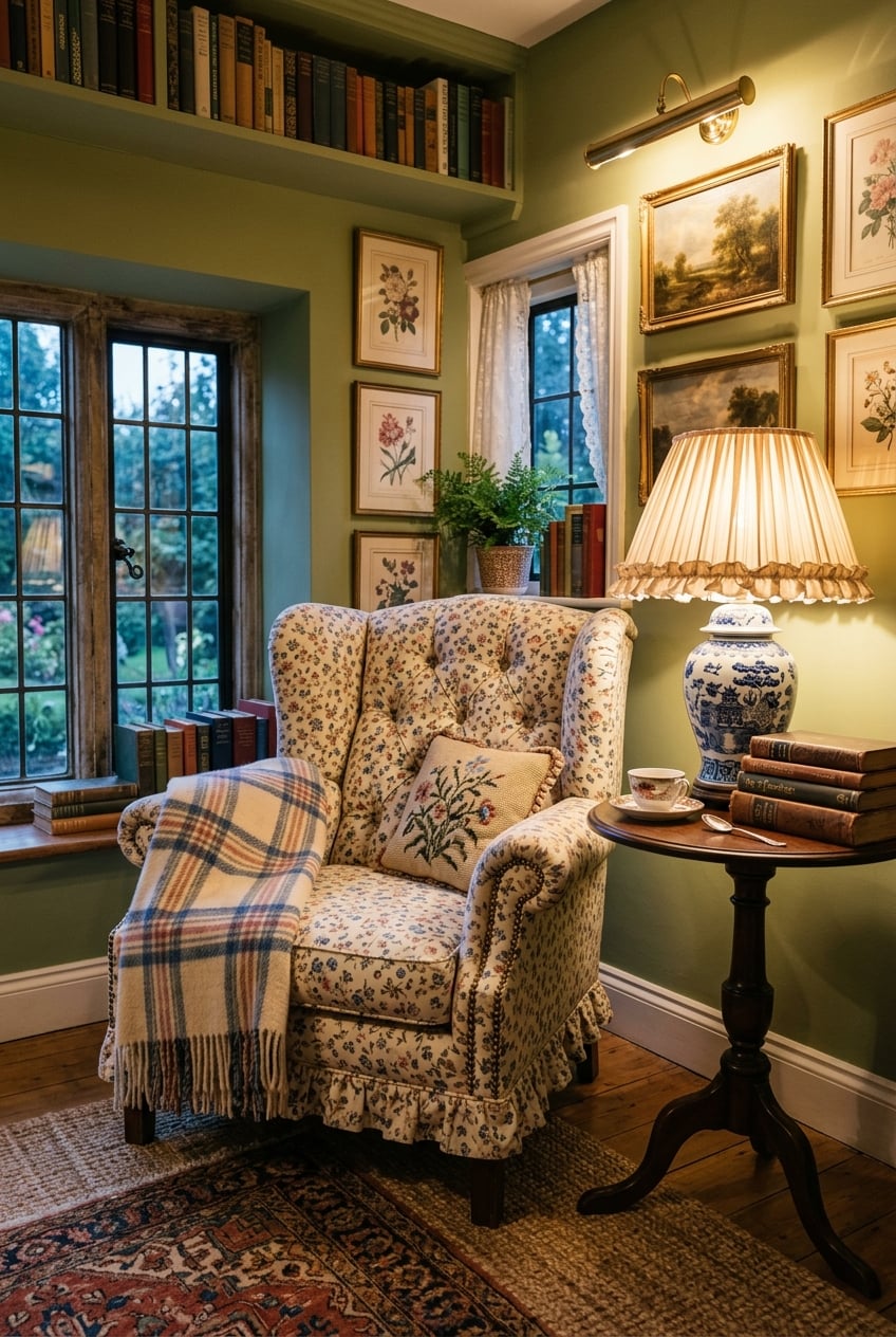 posttitle | sitetitle Cozy vintage reading nook with a floral upholstered armchair plaid throw and a side table with a lamp and teacup