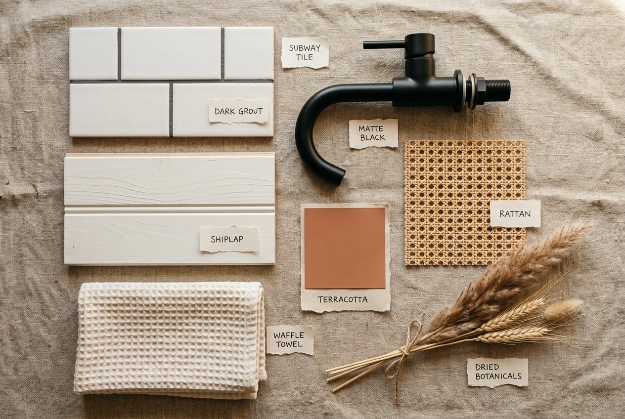 Mood board of interior materials white subway tiles shiplap panels terracotta tile matte black faucet rattan square wicker swatch waffle towel and dried botanicals on a neutral fabric backdrop