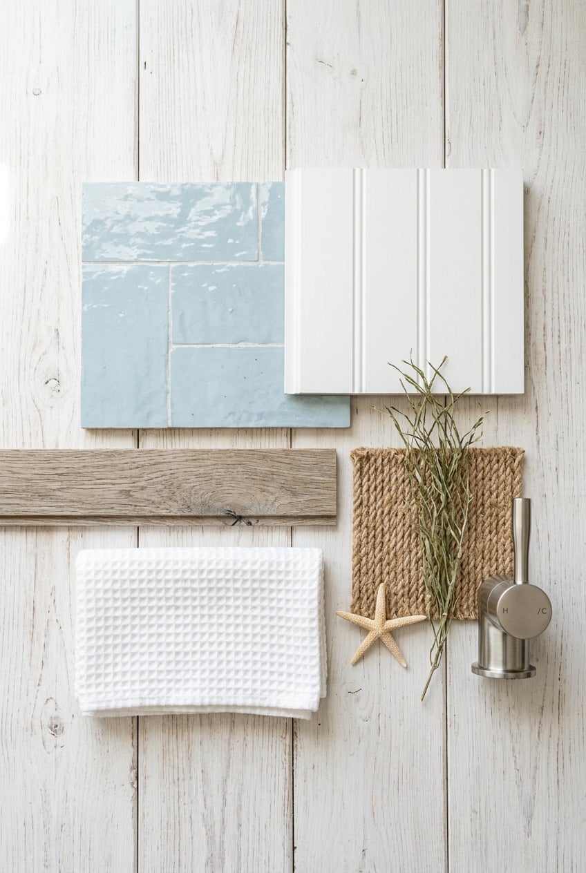 Bathroom design mood board showing blue tile samples white beadboard panel wood trim jute mat towel seaweed sprig starfish and a chrome shower fixture on a white wood background