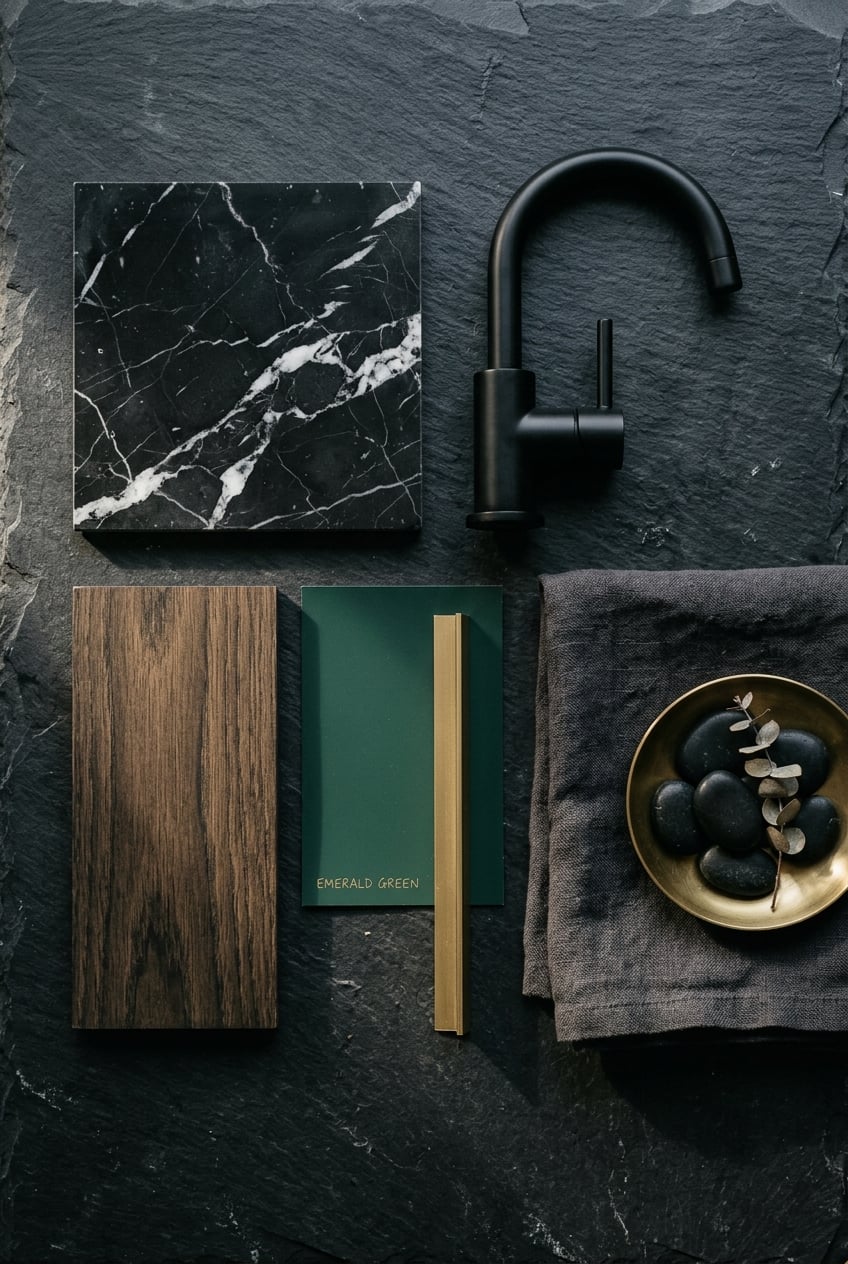 Flat lay of interior materials black marble tile black faucet wood veneer swatch emerald green card brass ruler gray napkin and a brass bowl with smooth black stones and eucalyptus