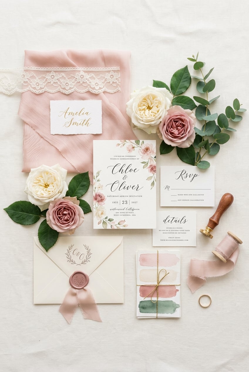 Flat lay of a wedding invitation suite with pink accents roses and ribbons on a cream background
