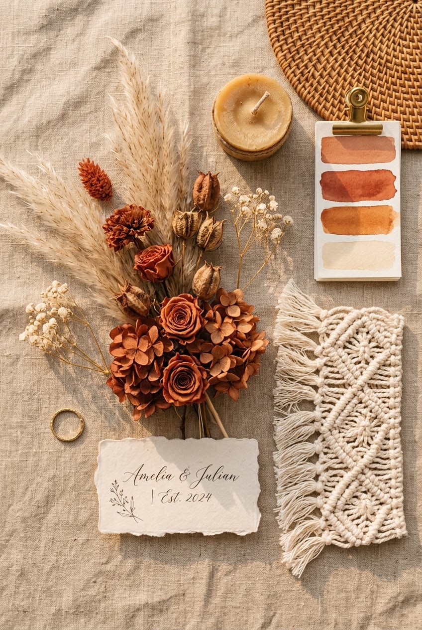 Flat lay wedding stationery scene dried bouquet card with amelia  julian est 2024 ring candle macramé and color swatches on a neutral fabric backdrop