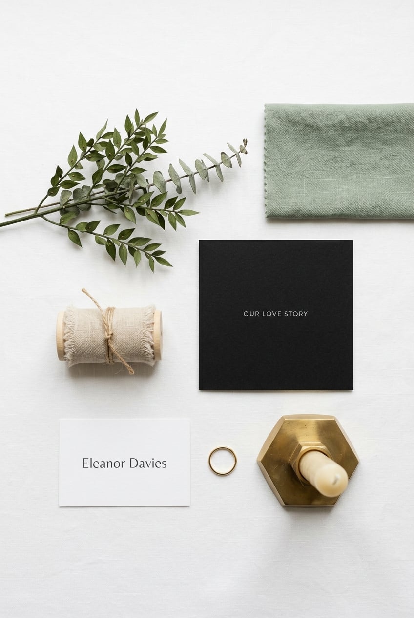 Flat lay wedding stationery black card reading our love story white name card eleanor davies gold ring twine spool candle holder greenery and a green cloth on a white background