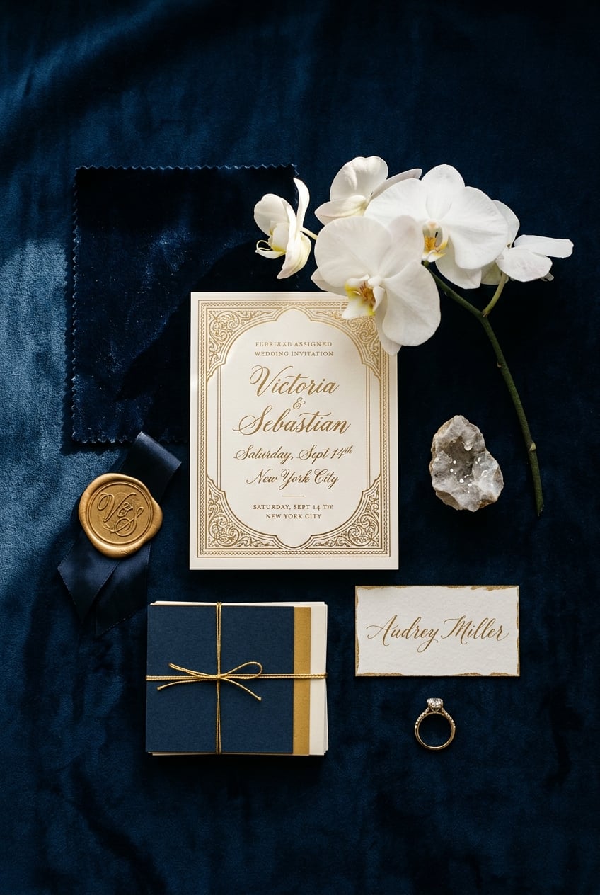 Flat lay of a wedding invitation suite on dark blue fabric with white orchids a navy gift box and gold accents including a ring and wax seal