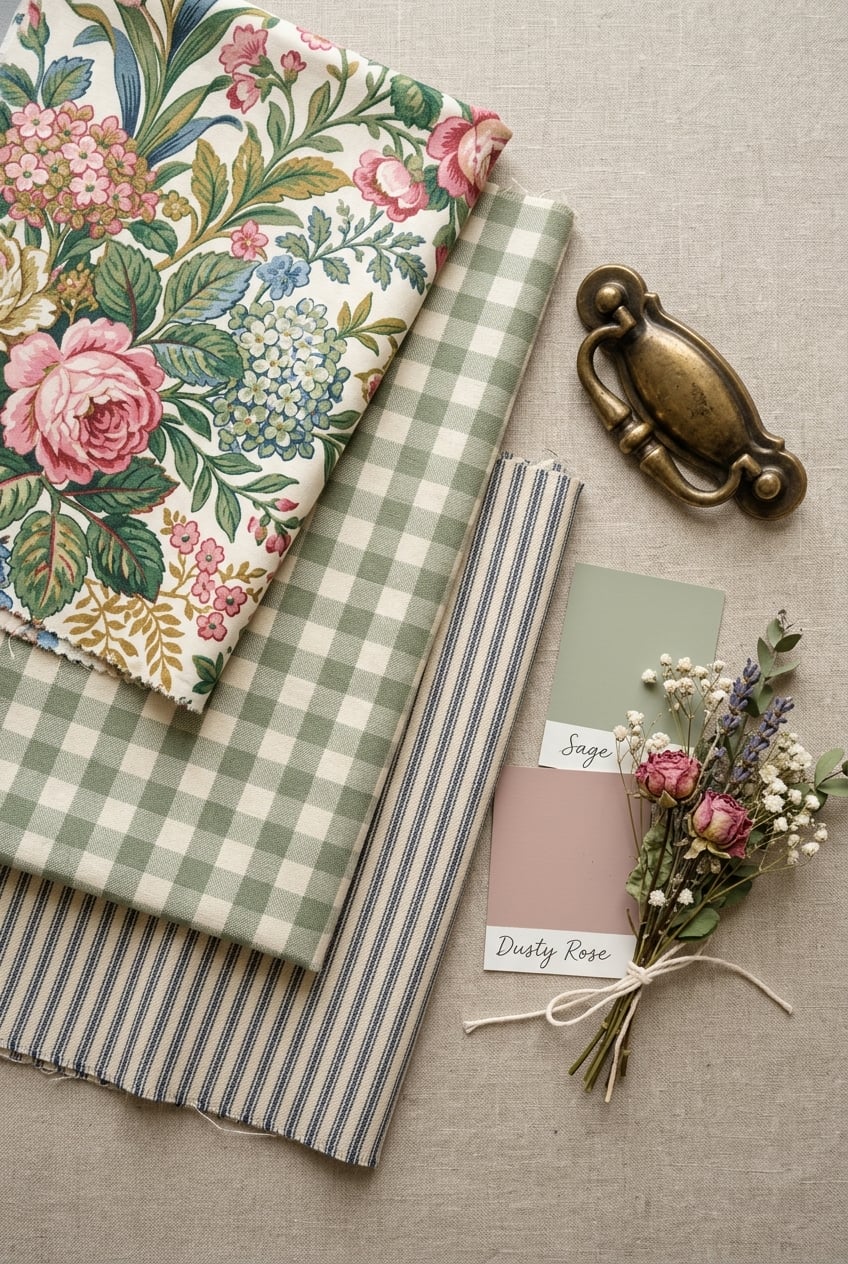posttitle | sitetitle Flat lay of floral fabric green gingham and striped textiles with a brass handle and a small bouquet beside sage and dusty rose swatches in cards