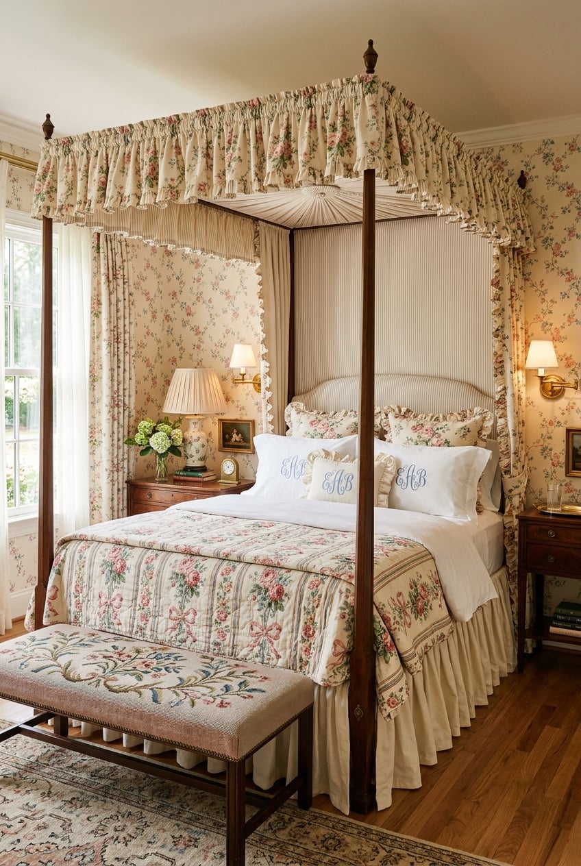 posttitle | sitetitle Four poster bed with a floral canopy and matching bedding in a traditional sunlit bedroom