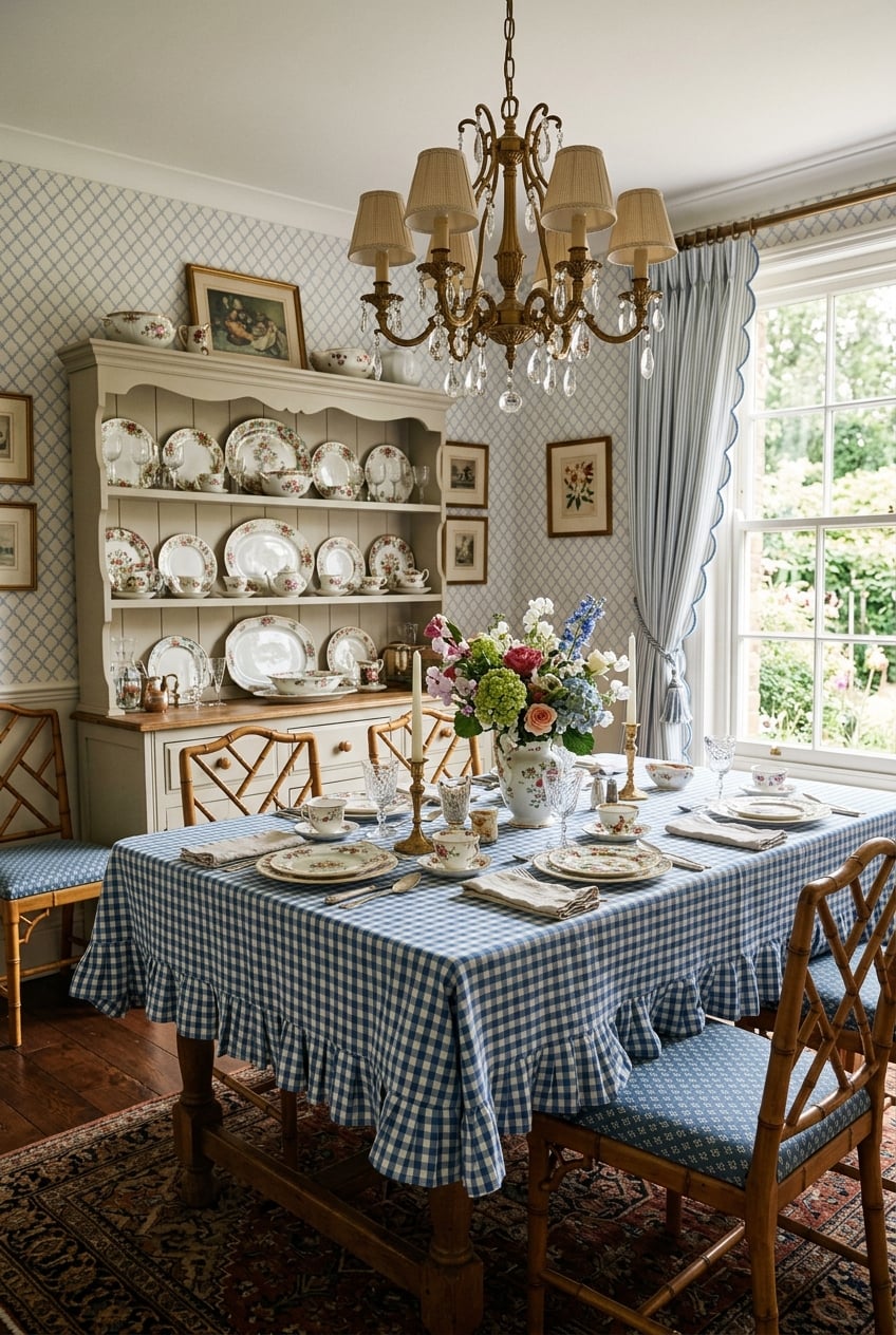 posttitle | sitetitle Traditional dining room with a blue gingham tablecloth china on a cream hutch crystal chandelier and a large window letting in natural light