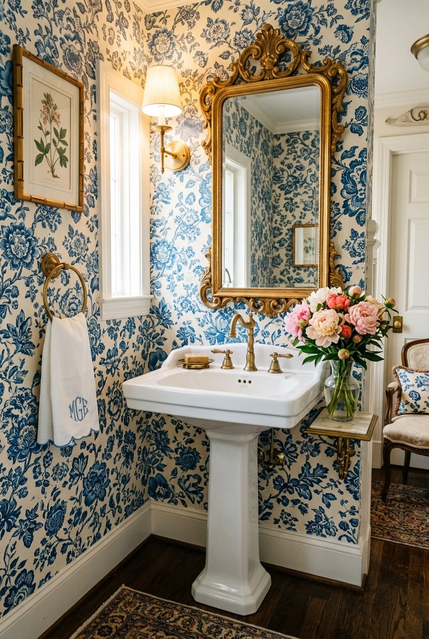 posttitle | sitetitle Vintage bathroom with blue floral wallpaper a white pedestal sink and a gold ornate mirror above it