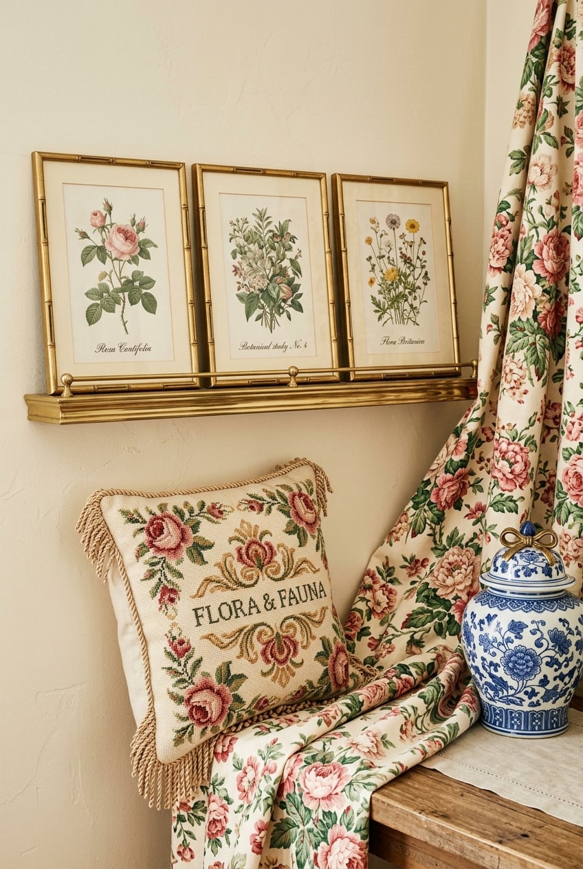 posttitle | sitetitle Three vintage botanical prints in gold frames on a brass shelf above a floral pillow reading flora fauna with floral drapes and a blue and white ceramic jar nearby