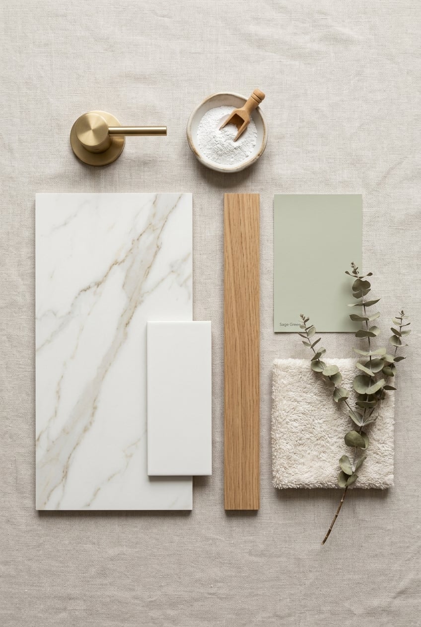 Flat lay of interior materials marble tile white tile wood plank sage green swatch towel with eucalyptus