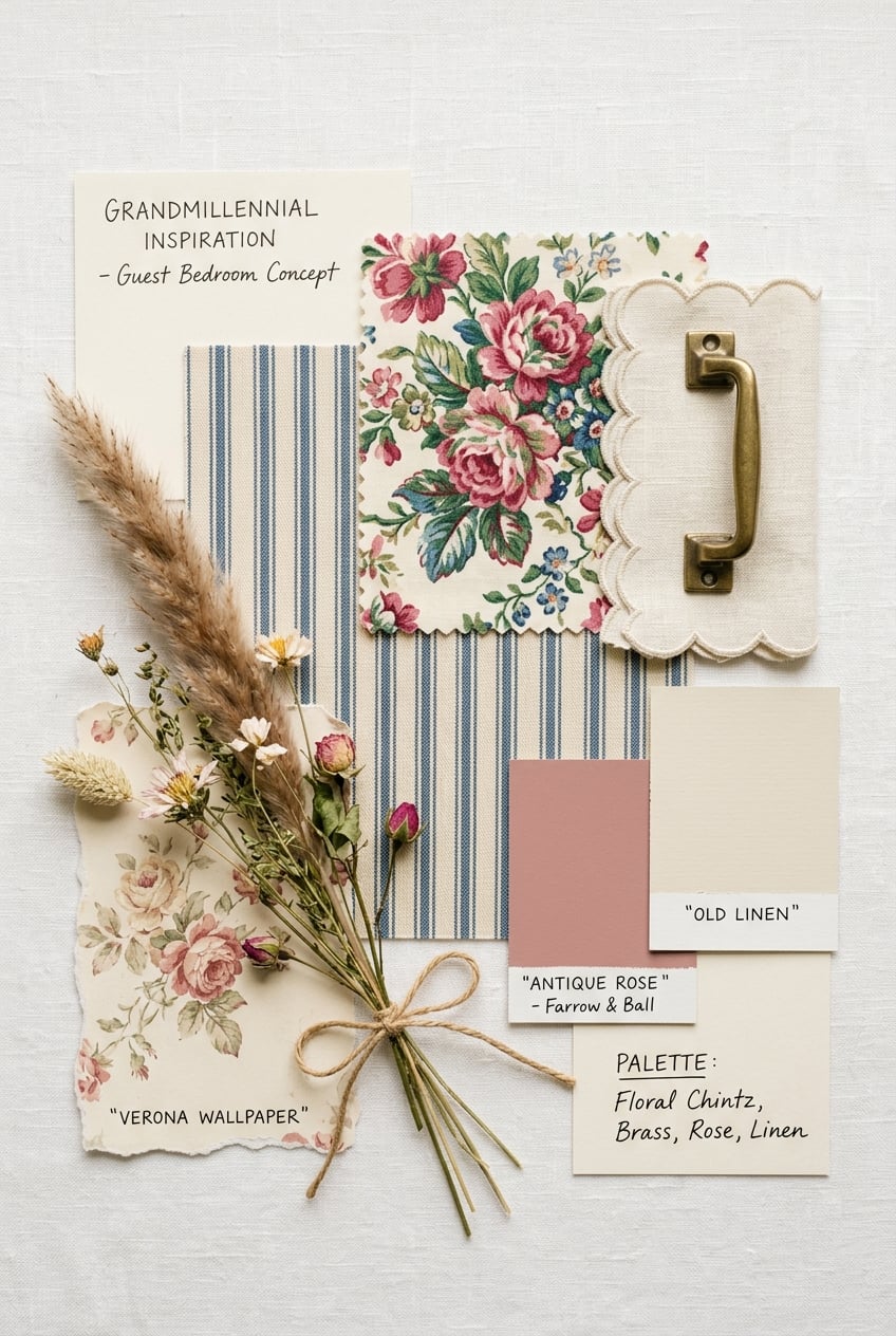 posttitle | sitetitle Flat lay mood board with fabric swatches floral prints dried flowers twine and color swatches with handwritten labels like antique rose and old linen