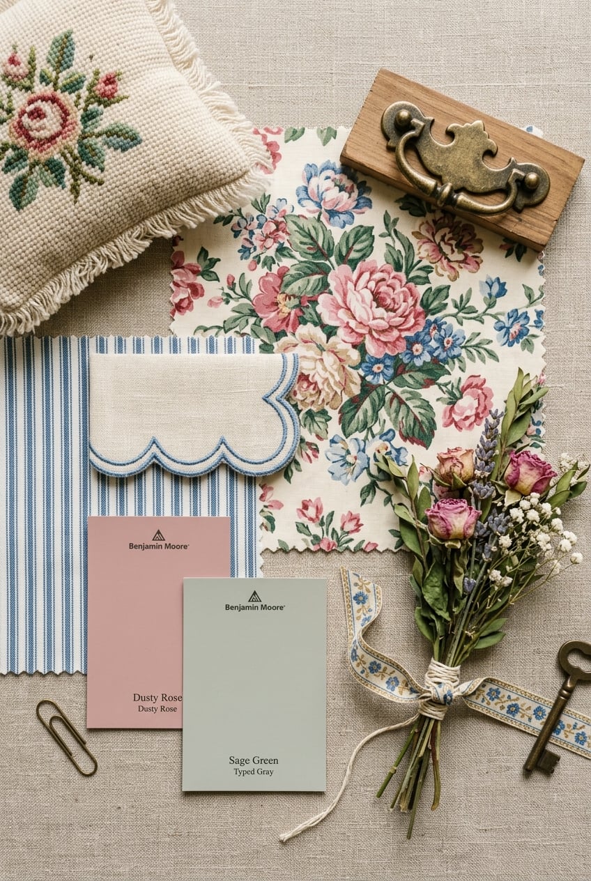 posttitle | sitetitle Flat lay of fabric swatches floral print cloth a bouquet a vintage key and benjamin moore paint swatches labeled dusty rose and sage green