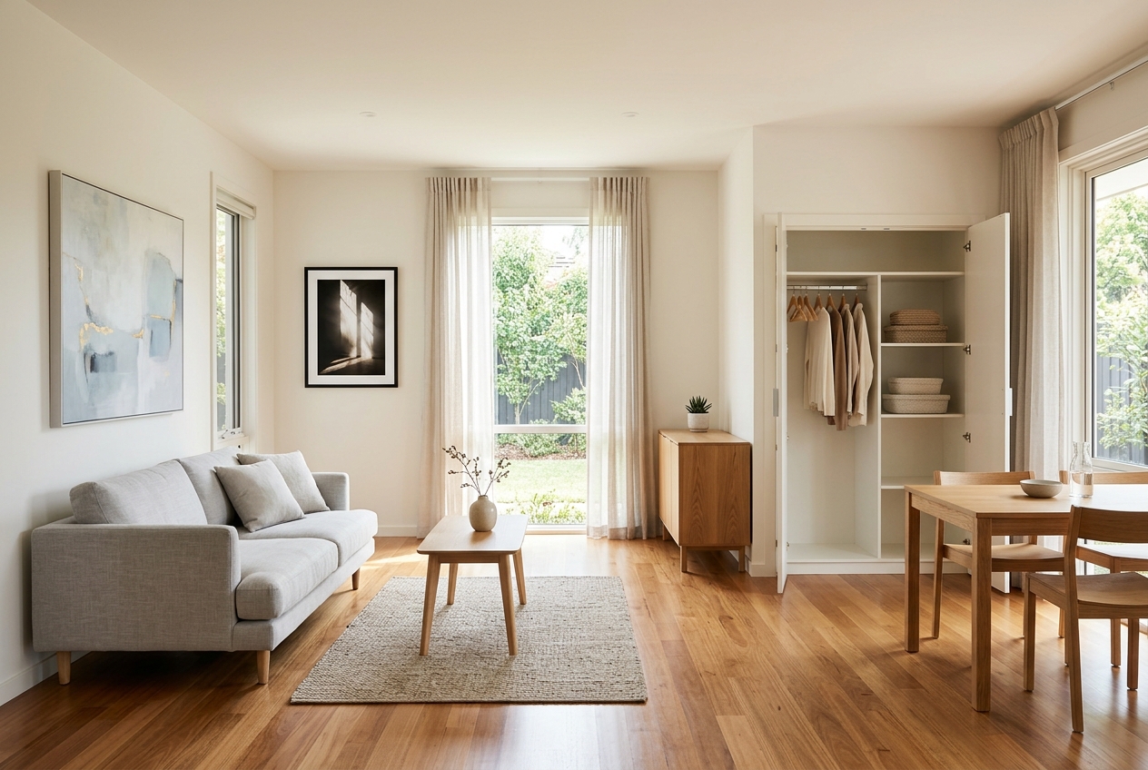 posttitle | sitetitle Bright living room with a grey sofa light wood floor and central coffee table open wardrobe and dining table to the right