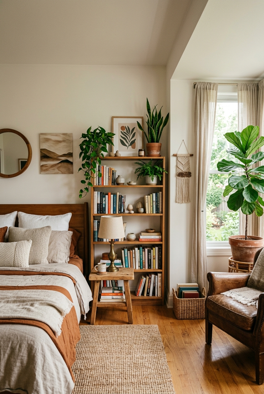 posttitle | sitetitle Cozy bedroom reading nook with a wooden bookshelf several potted plants and beige window curtains