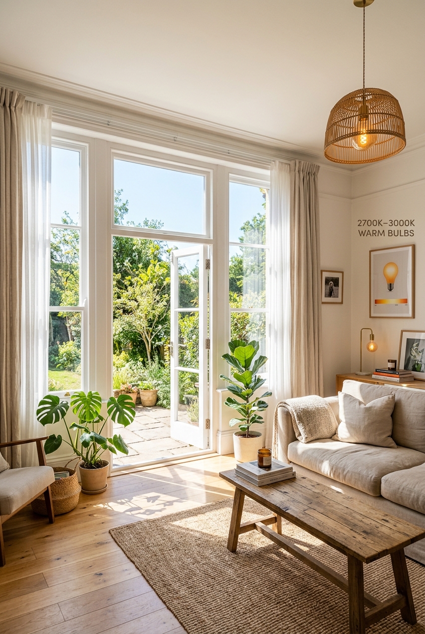 posttitle | sitetitle Bright living room with french doors opening to a garden beige sofa wooden coffee table and potted plants