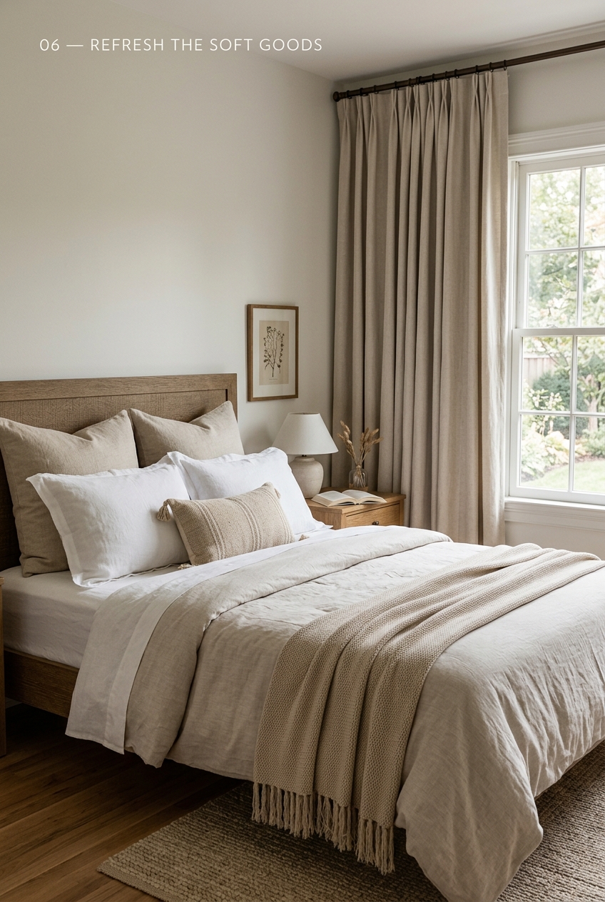 posttitle | sitetitle Neutral toned bedroom with a wooden bed white and beige pillows a beige knit throw and a nightstand by a large window