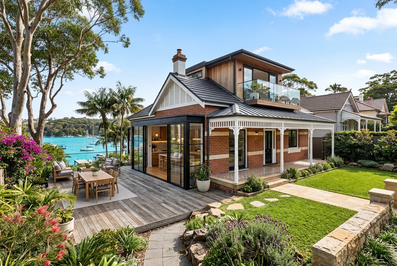 posttitle | sitetitle Waterfront two story brick house with glass walled sunroom and wooden deck overlooking a marina and calm blue water