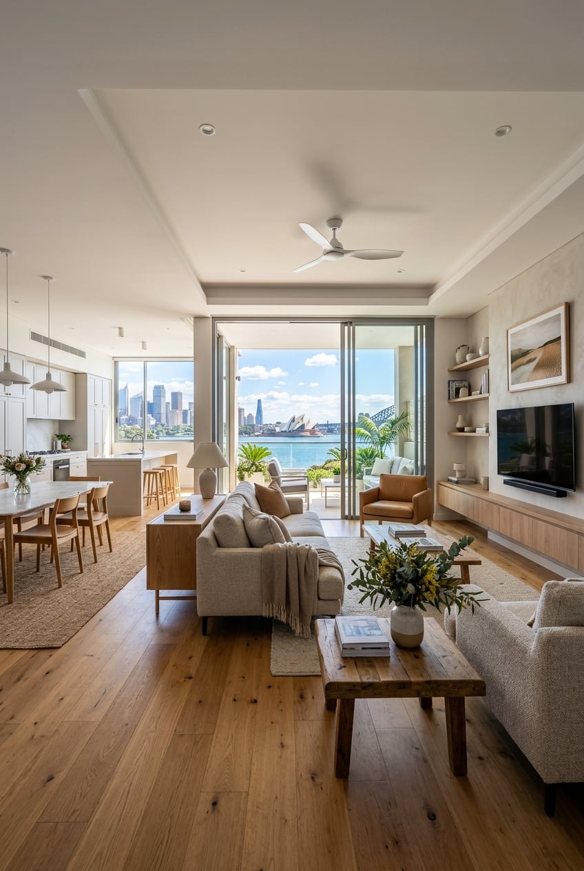 posttitle | sitetitle Bright open plan living room with beige sofas wooden coffee table and a harbor city view through sliding glass doors into a waterfront balcony