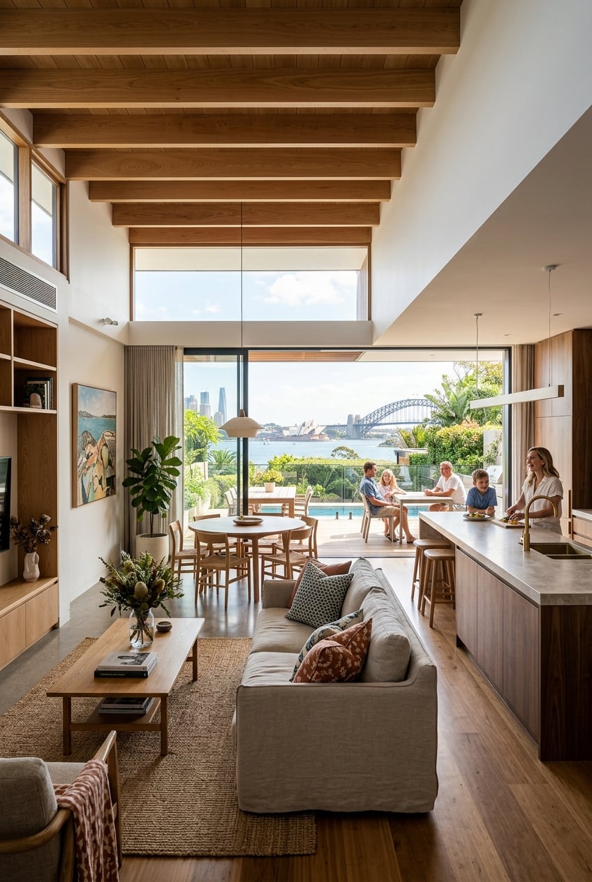 posttitle | sitetitle Open plan living space with wooden beams a sofa and coffee table and a view of the sydney harbour bridge through floor to ceiling windows
