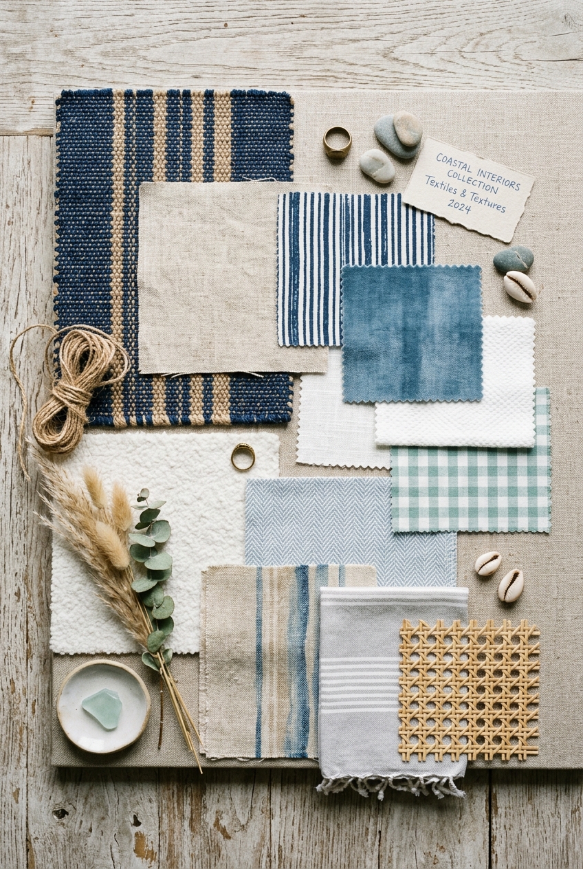 posttitle | sitetitle Assorted fabric swatches in blues and neutrals laid out on a wooden table with twine shells and a sample card