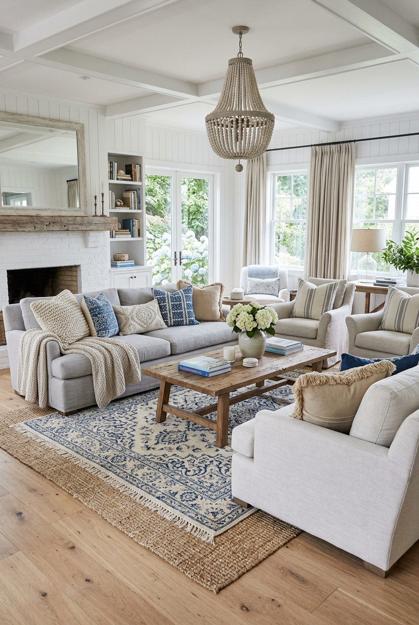 posttitle | sitetitle Bright living room with a light gray sofa set blue throw pillows and a wooden coffee table on a patterned blue rug