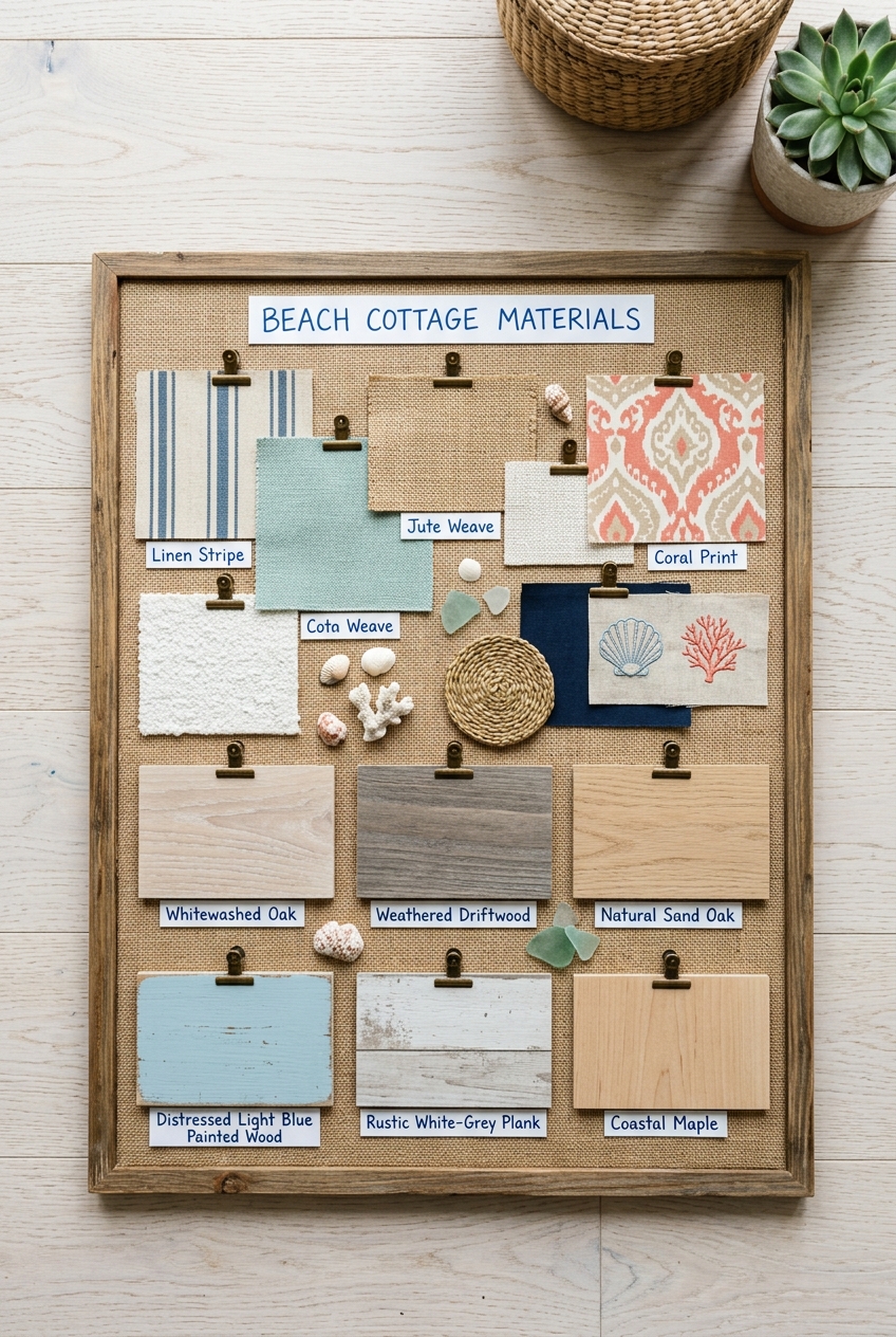 posttitle | sitetitle Cork bulletin board labeled beach cottage materials with fabric wood and shell samples pinned and arranged in a grid