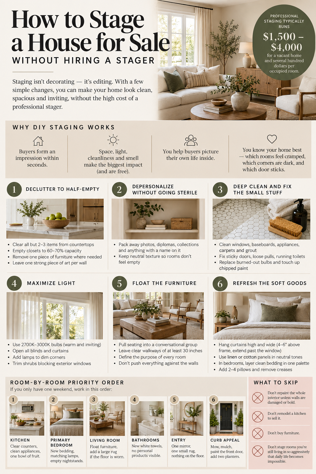 posttitle | sitetitle Infographic titled how to stage a house for sale outlining 6 diy staging steps and tips for a clean inviting home theater level guide