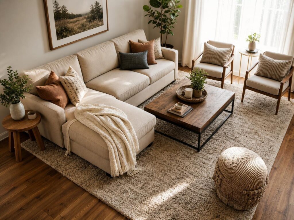 posttitle | sitetitle Beige sectional sofa with assorted pillows and a cream throw in a sunlit neutral living room with a wooden coffee table and two chairs nearby
