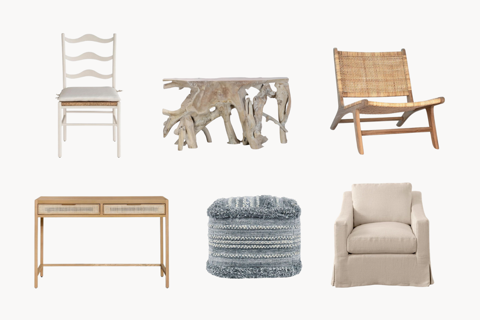 Six furniture pieces on a white background: white wooden chair, driftwood console table, cane-back wood chair, light wood console with two drawers, blue knitted pouf, and beige upholstered armchair.