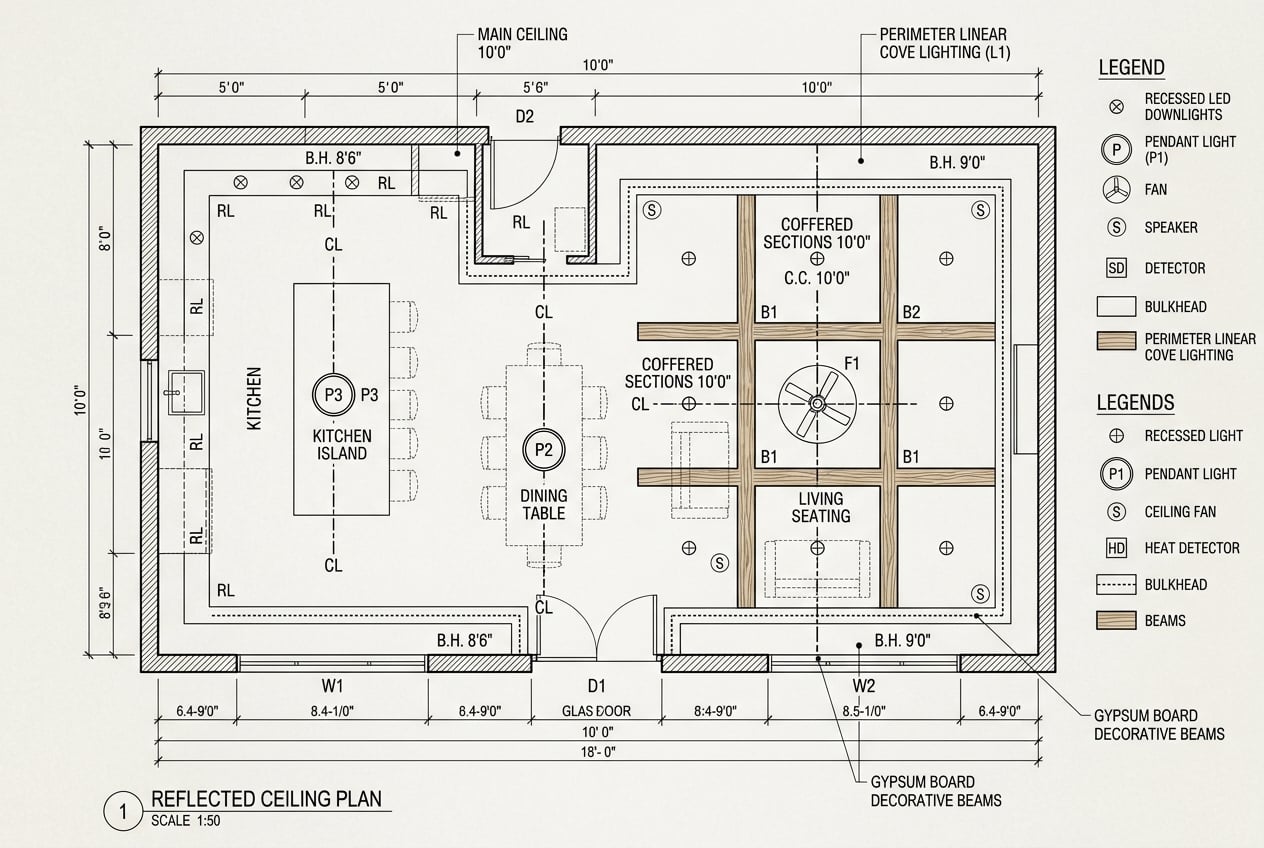 posttitle | sitetitle Reflected ceiling plan of a home showing kitchen dining living areas decorative beams and lighting layout recessedpendant